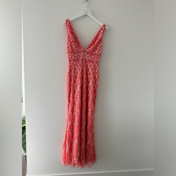 MAC DUGGAL Pink Sequined Plunge Neck Sleeveless Column Gown in Coral 8 - Picture 5 of 12